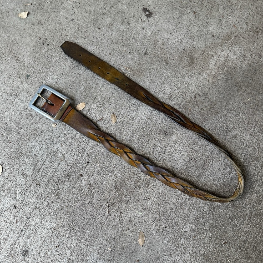 Vintage Braided Leather Belt Brown Western RRL Style 34-40 Waist Buckle Distress